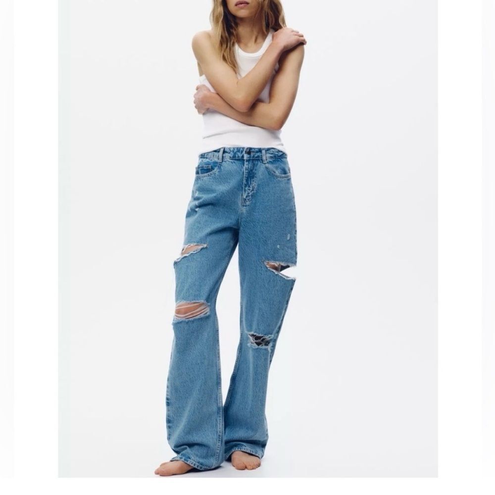Zara Z1975 Ripped Thigh Cutout Straight Jeans in Medium Wash Size 27/4